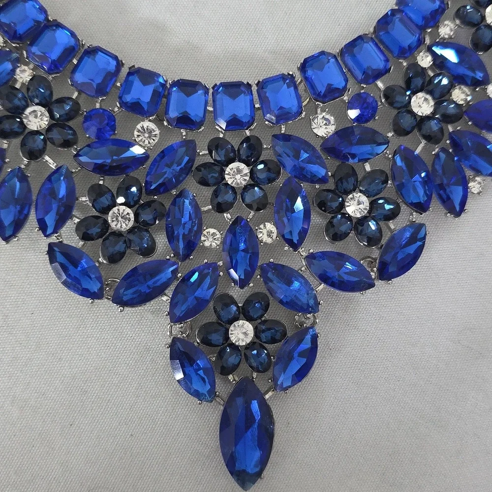 Statement Silver with Blue Crystal Stones Necklace and Matching Earrings Set